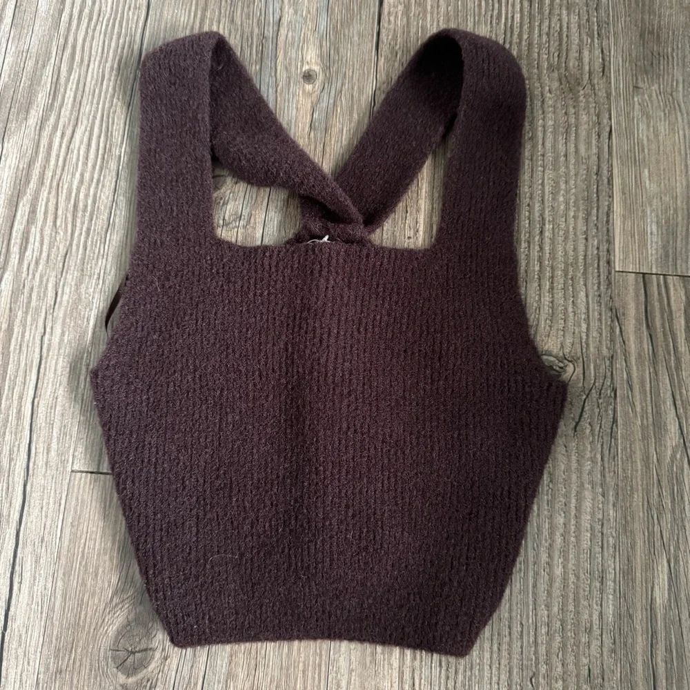 NWT Free People Intimately Dark Brown Ribbed Criss Cross Back Crop Tank XS